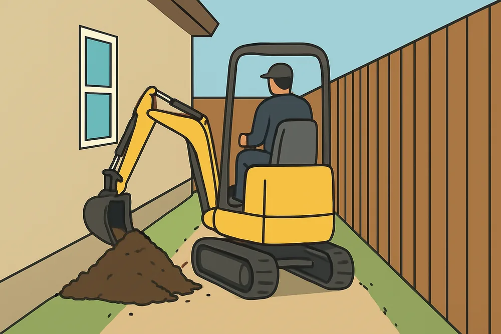 A mini excavator on a narrow side path between a house and a fence — pool removal, Geelong. Illustrative example.